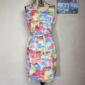 Urban themed print sleeveless V-neck shift dress